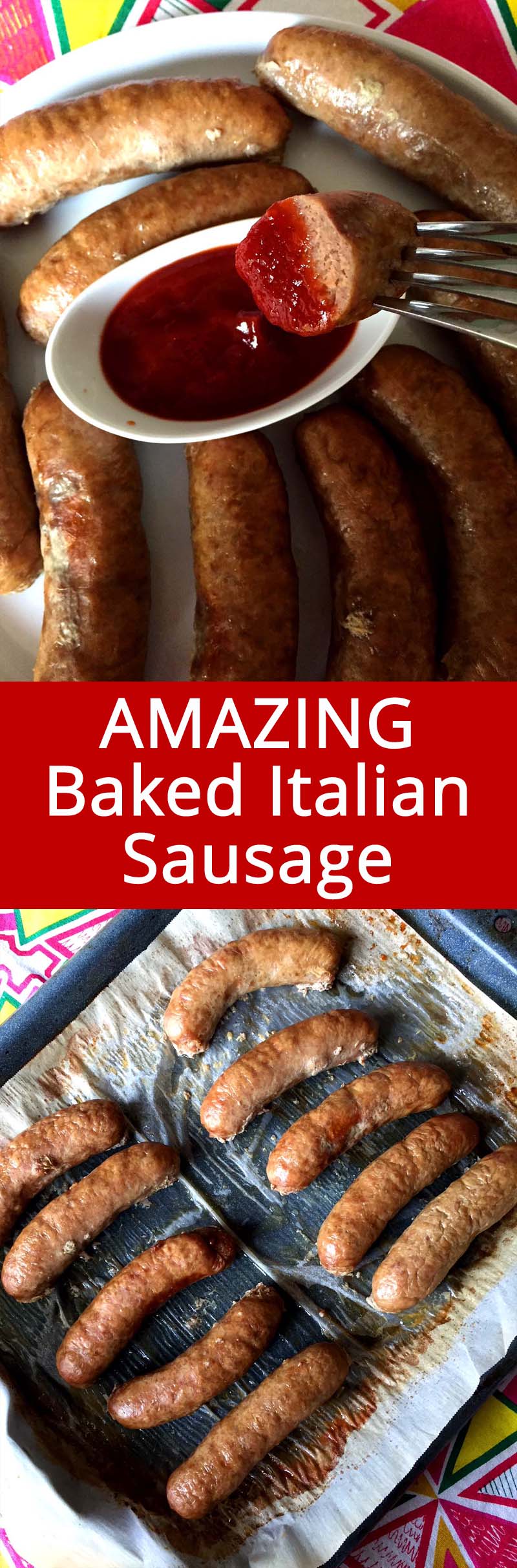 This oven baked Italian sausage is the easiest dinner ever! I always keep a package of Italian sausages in a freezer so I can make this dinner in a pinch! Just stick Italian sausages in the oven and bake to perfection - doesn't get easier that that! #sausage #italian