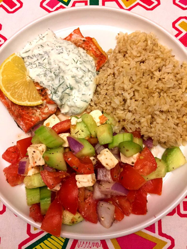 Baked Salmon With Creamy Sauce and Brown Rice