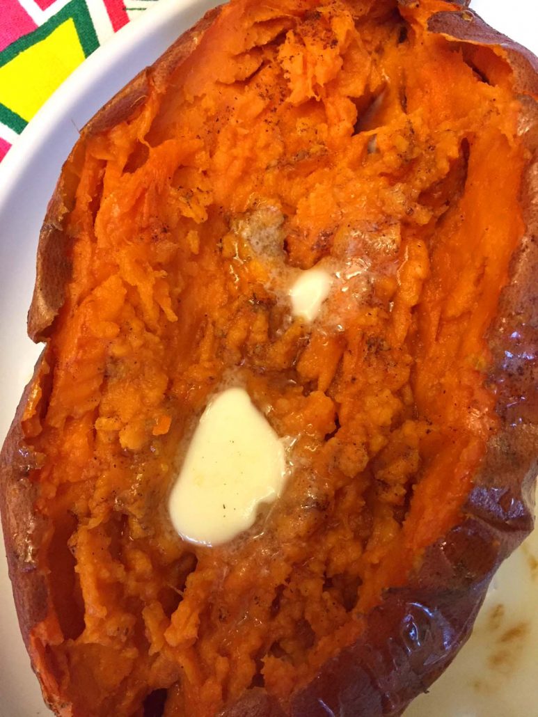 Baked Sweet Potato With Butter, Maple Syrup and Cinnamon