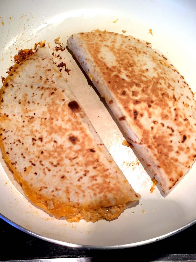 Buffalo Chicken Quesadillas On A Frying Pan