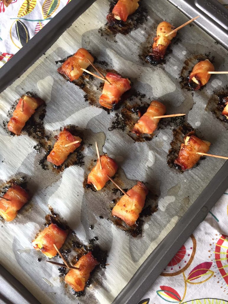 Pineapple Chunks Wrapped In Bacon And Baked In The Oven