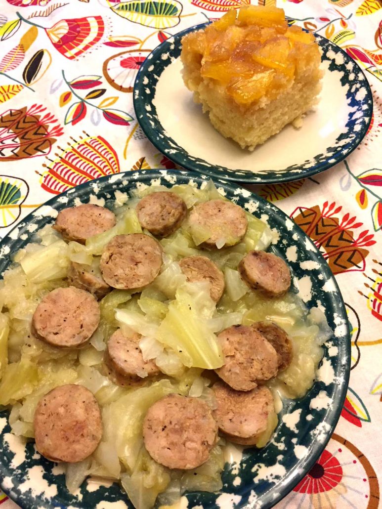Cabbage and sausage dinner with pineapple cake