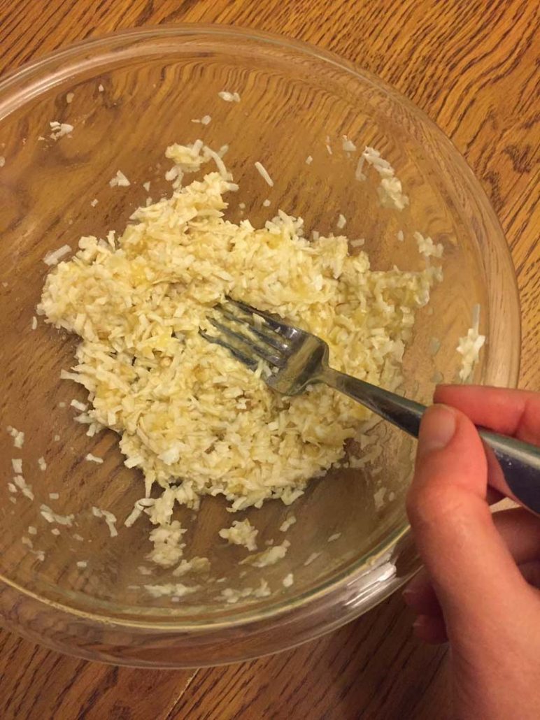 Unsweetened coconut flakes and banana mixture