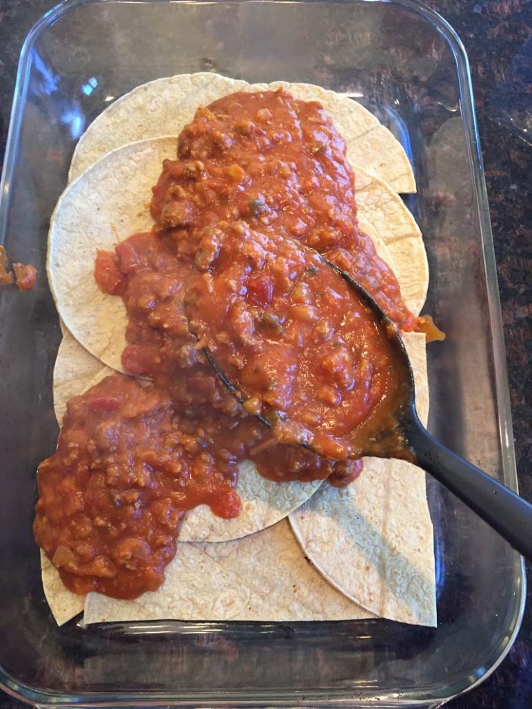 enchilada casserole meat sauce with ground beef and refried beans