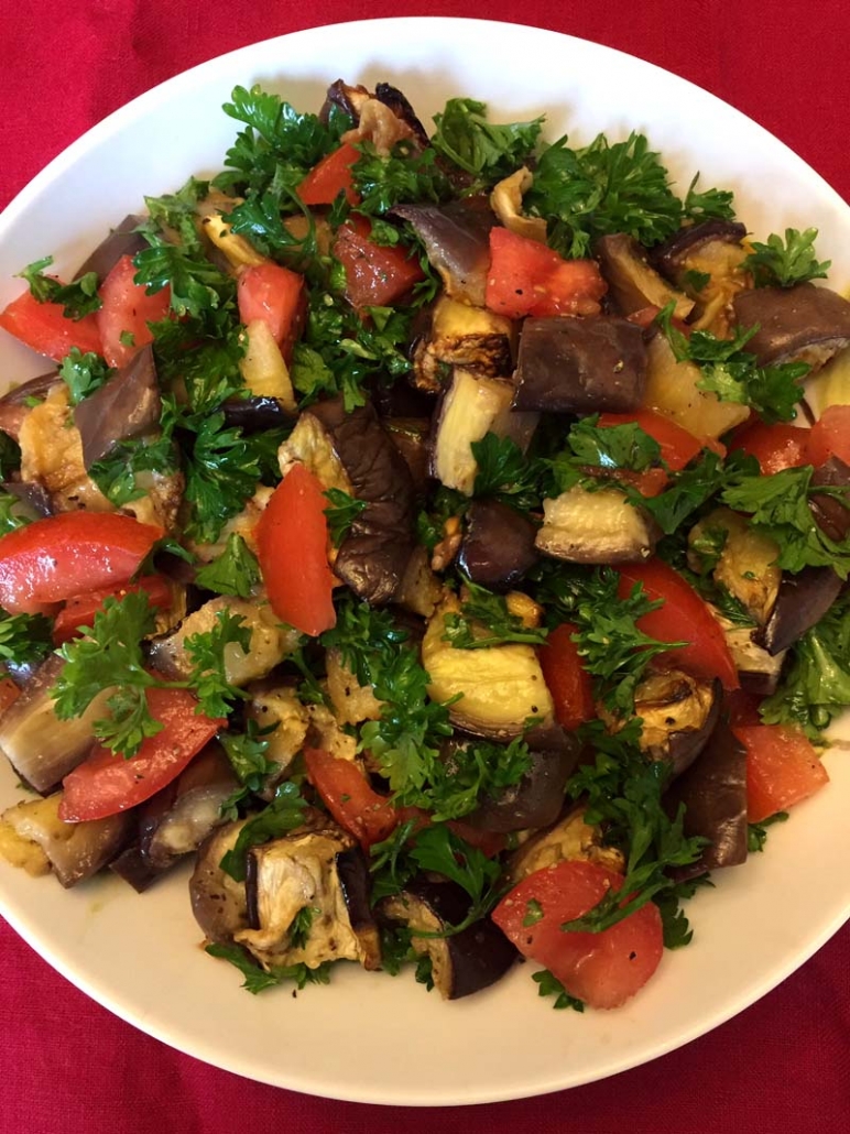 how to make roasted eggplant tomato salad