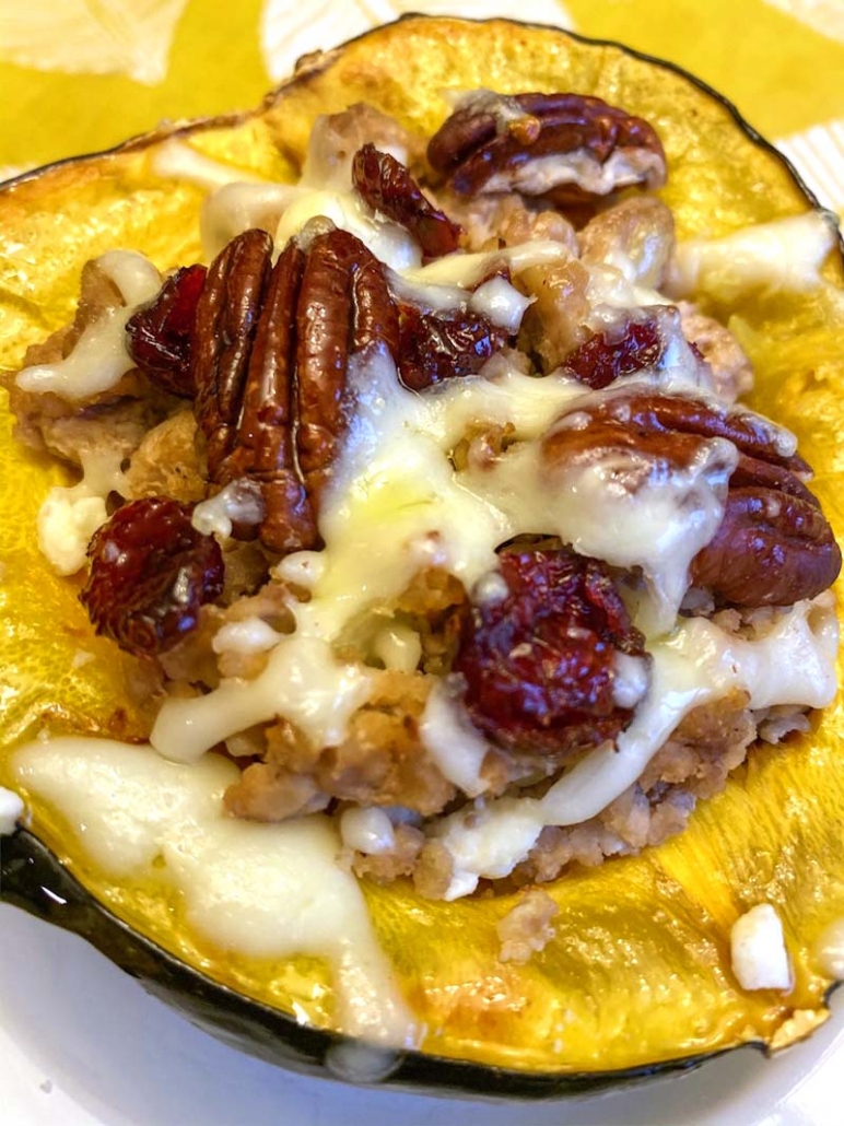 easy stuffed acorn squash with turkey cranberries pecans