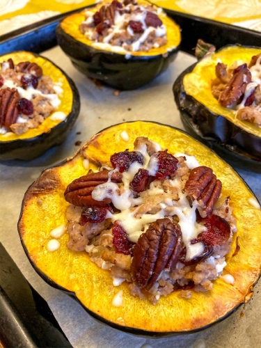 Stuffed Acorn Squash With Turkey Cranberries Pecans