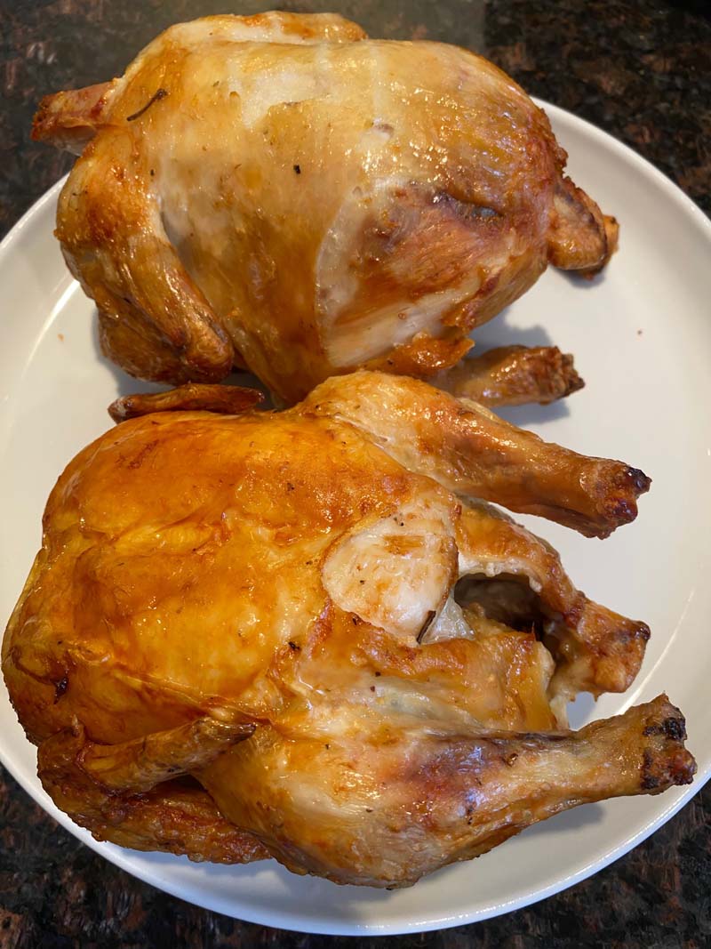 two cornish hens on a white plate