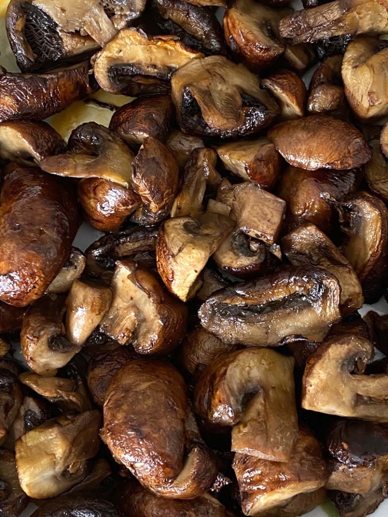 closeup of mushrooms cooked in the air fryer