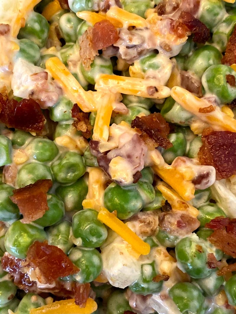 Green peas salad with bacon and cheddar