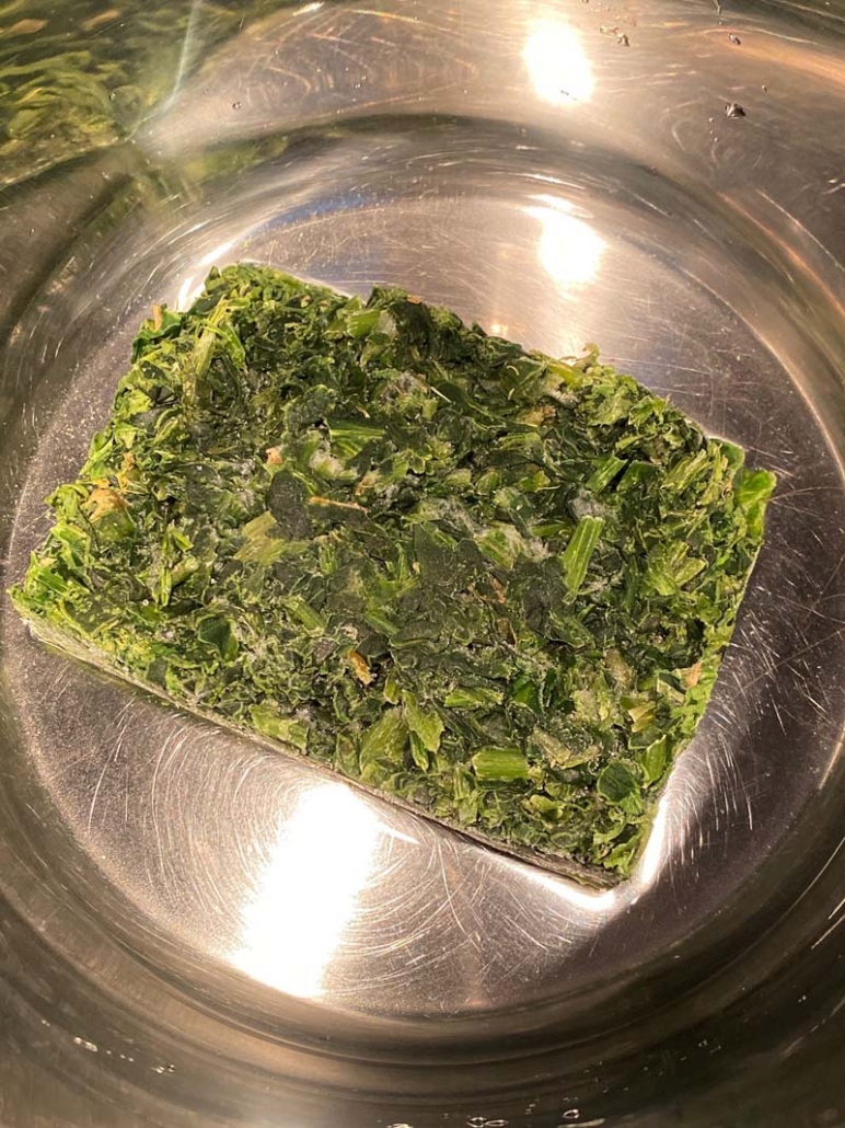 block of frozen spinach inside the instant pot