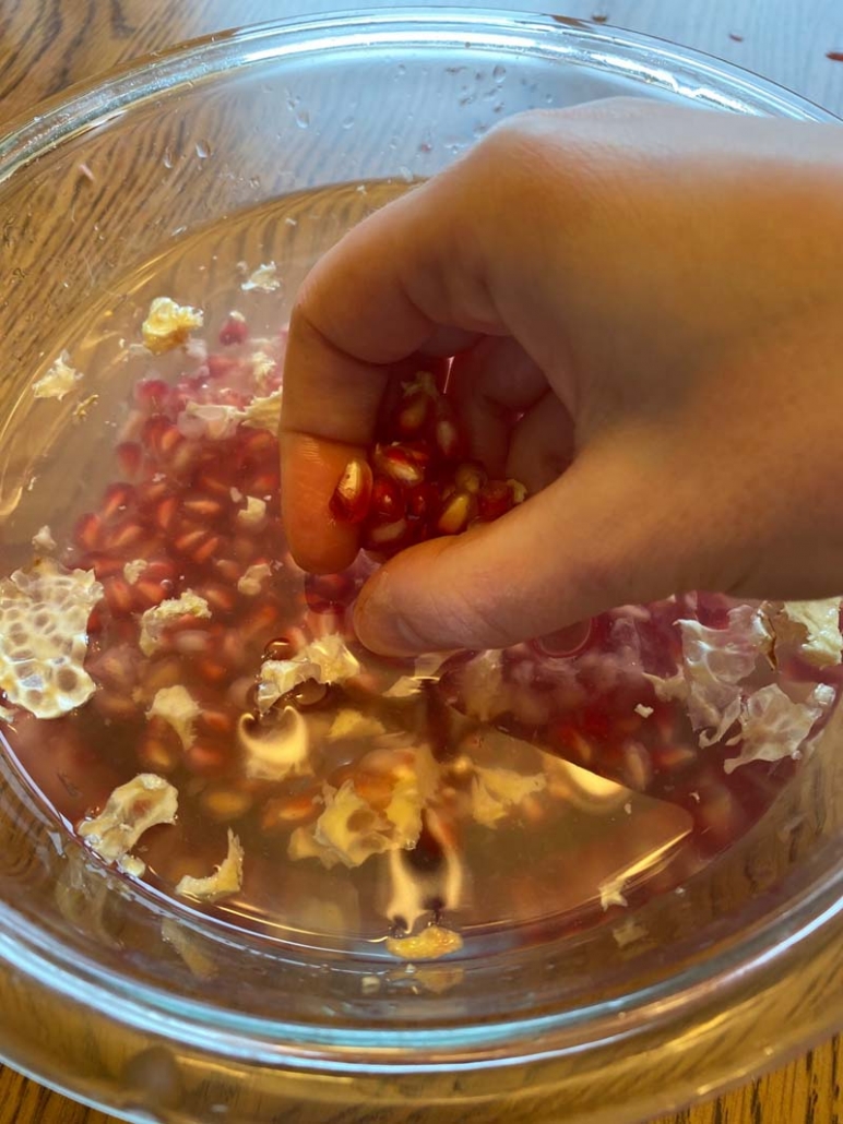 Woman reaching into a bowl of water filled with pomegranate seeds