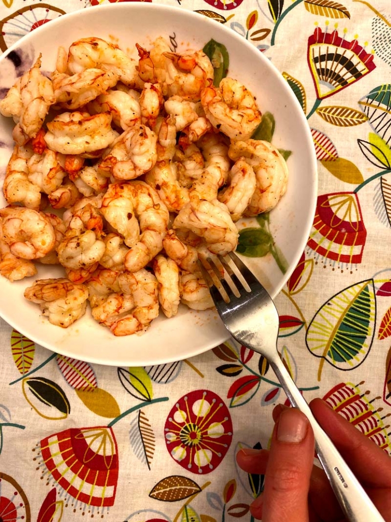 Air Fryer Frozen Shrimp in a white bowl