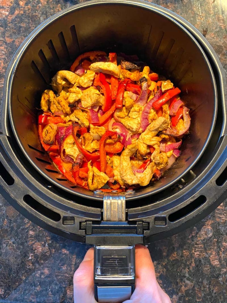 air fried chicken fajitas with bell peppers and onions