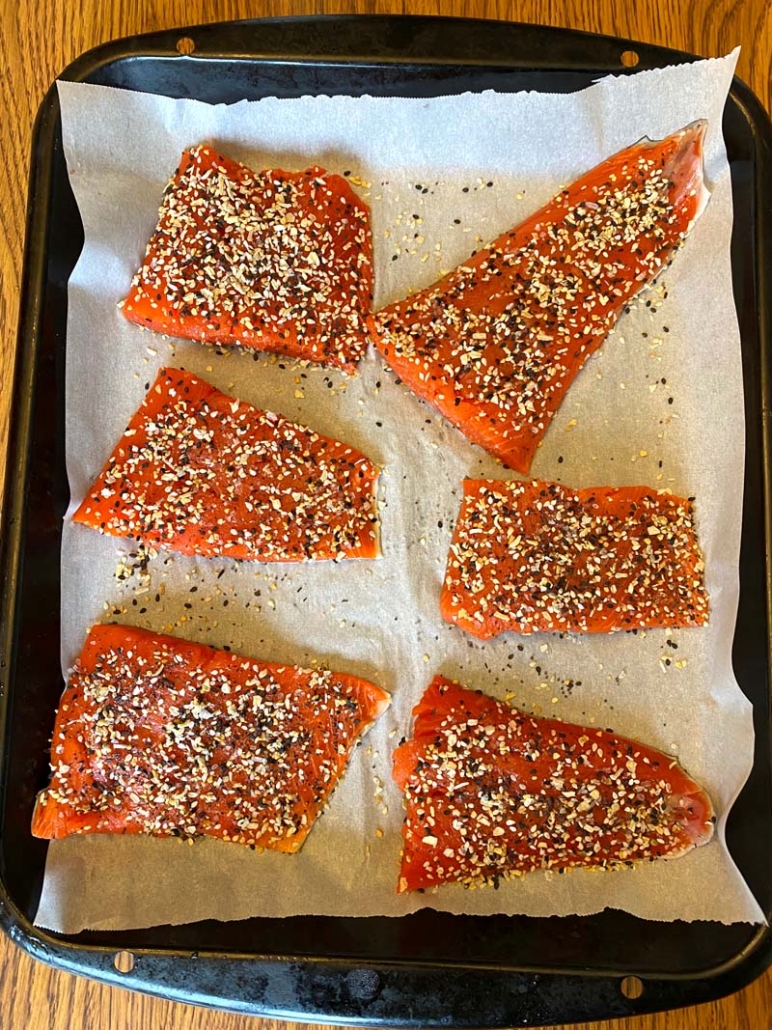 raw salmon sprinkled with everything bagel seasoning mix