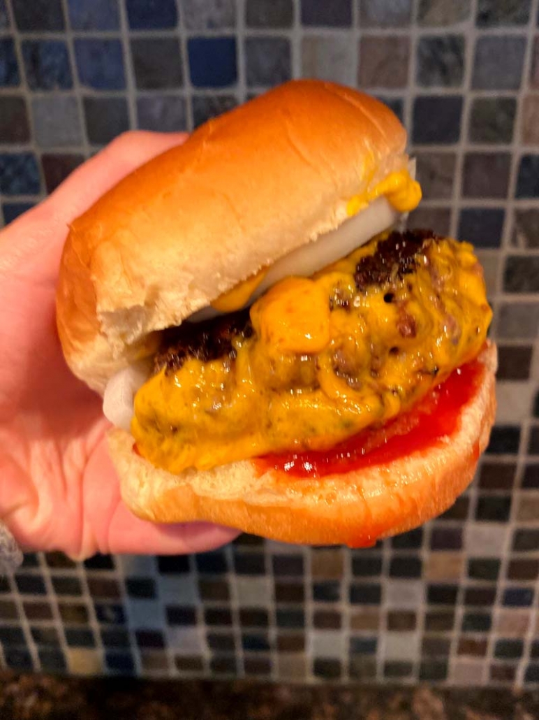 cheeseburger topped with onions and ketchup on a brioche bun