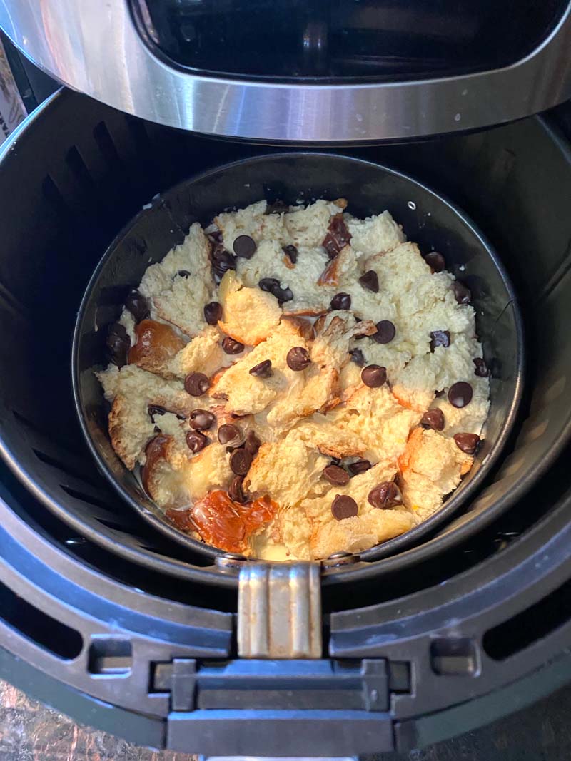 The bread pudding going into the air fryer to be cooked