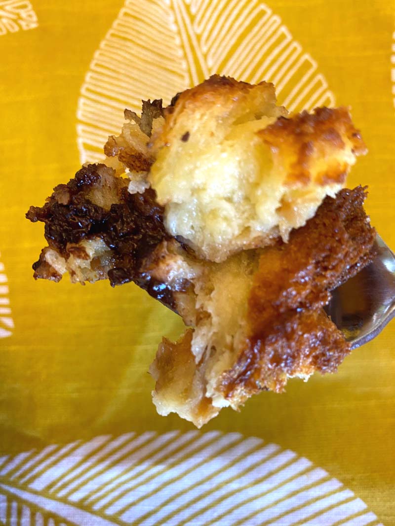 Bread pudding on a spoon