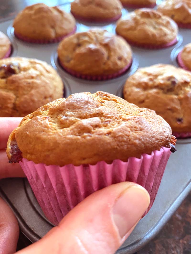 Holding a cranberry sauce muffin towards the camera