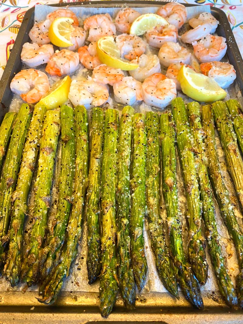 shrimp and asparagus on a sheet pan