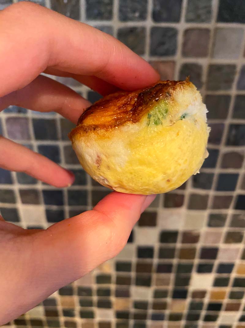 Holding an egg bite towards the camera