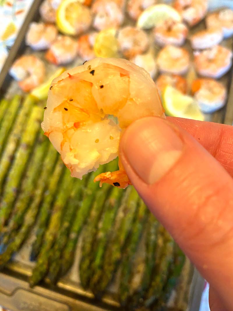 Close up of a prawn being held towards the camera