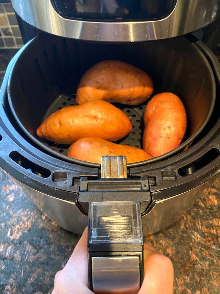 cooking raw sweet potatoes in an air fryer