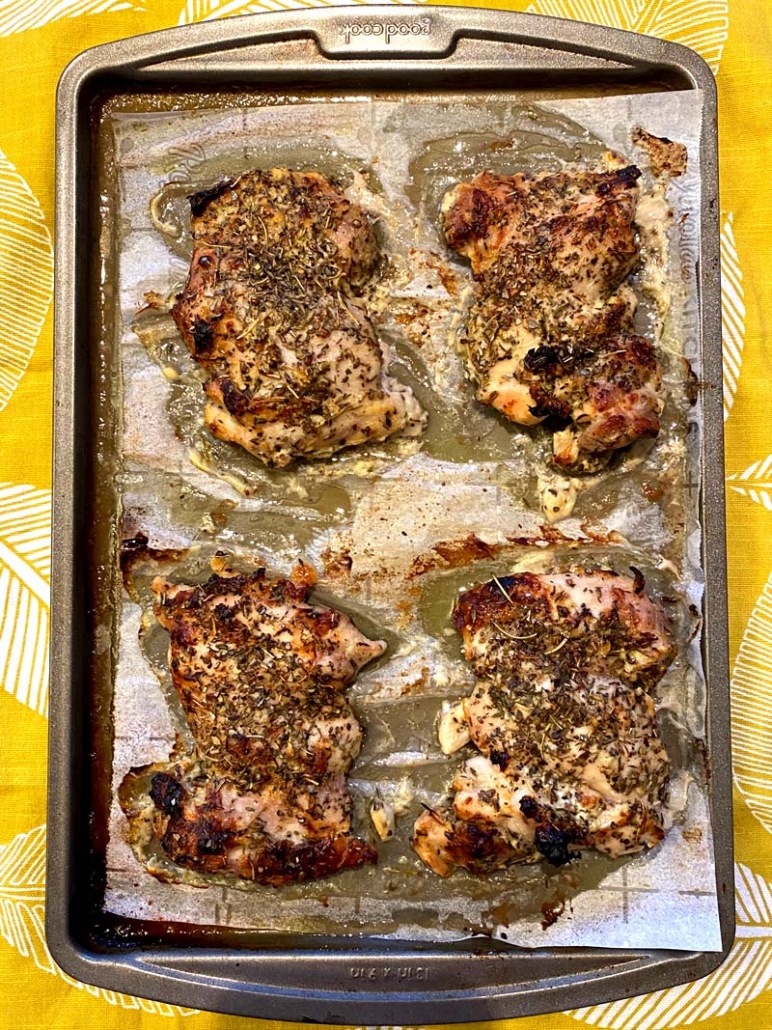 baking greek chicken thighs on a sheet pan 