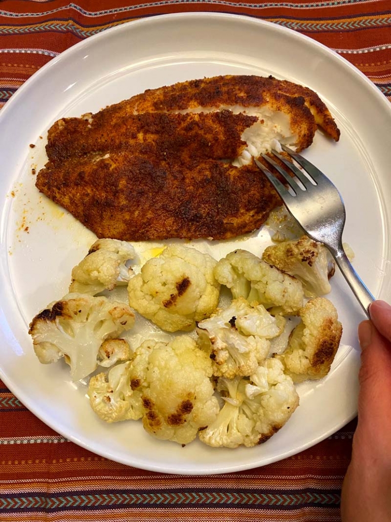 baked blackened tilapia with roasted cauliflower