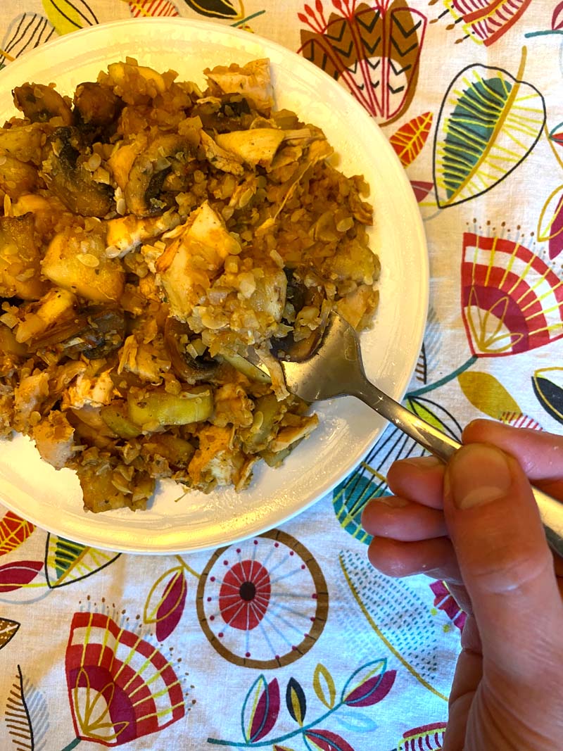 A fork in the cauliflower rice stir fry