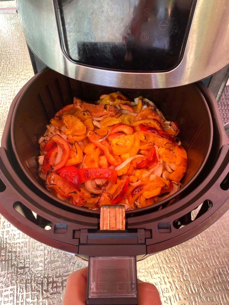 cooking red and orange bell peppers and onions in air fryer 