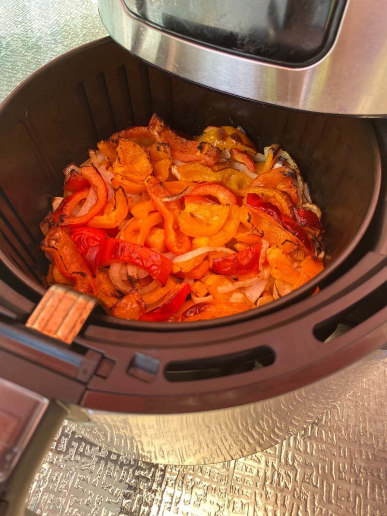cooked peppers and onions in the air fryer 
