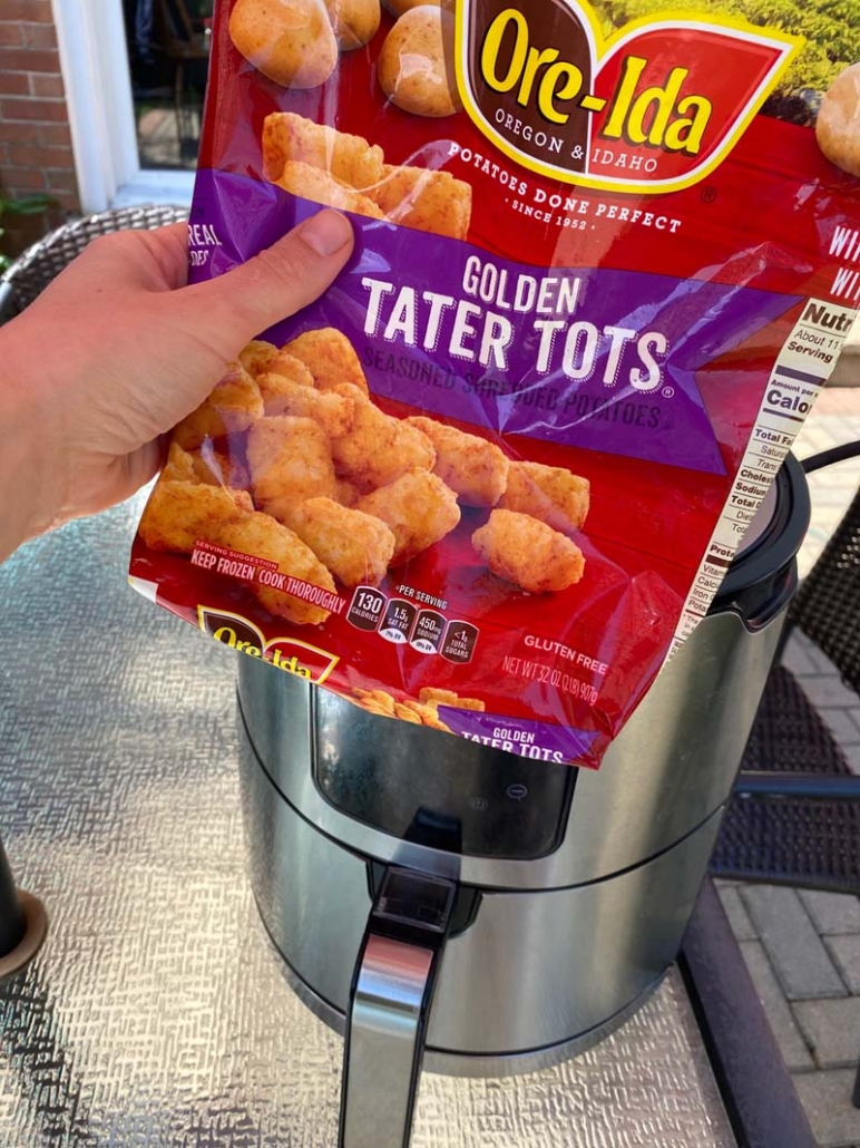 cooking golden tater tots from Ore-Ida in air fryer