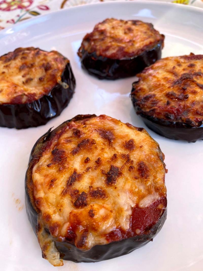 easy eggplant pizza on a white plate 