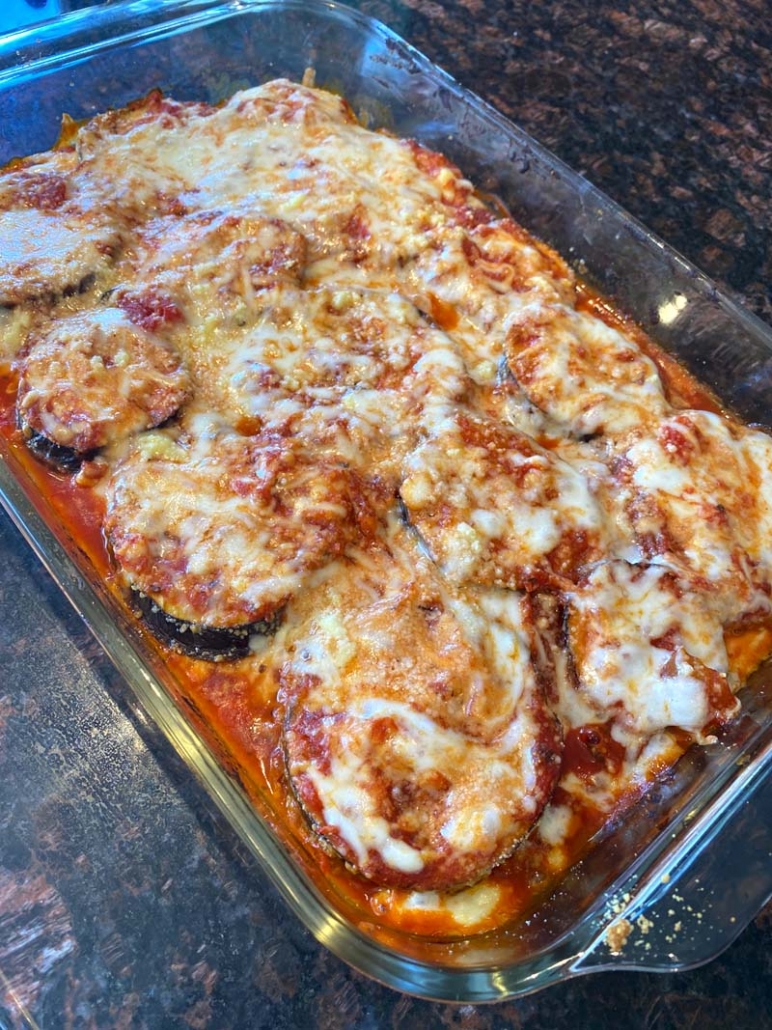 Hot baked eggplant parmesan