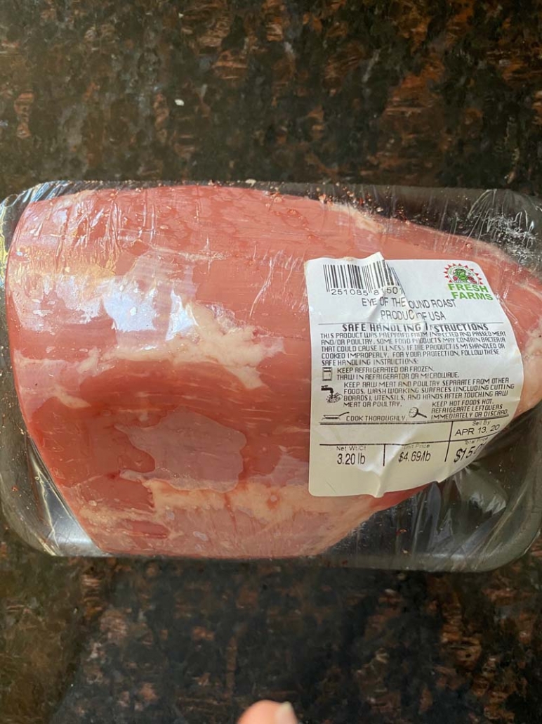 Raw eye of round steak in the package