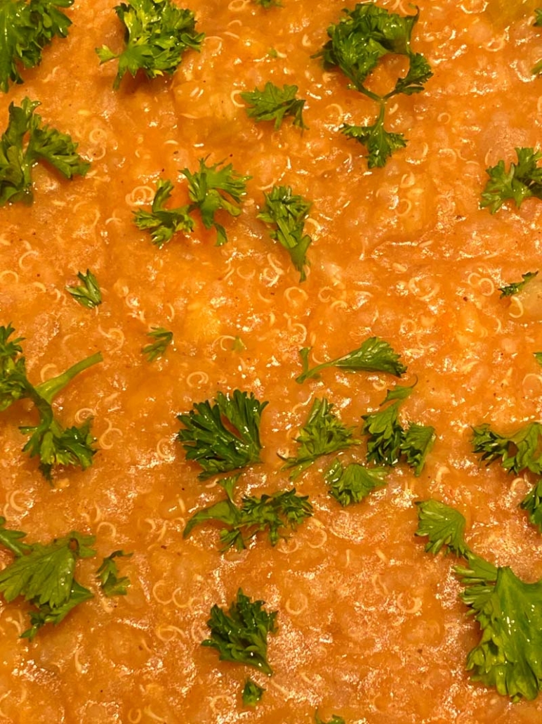 A close-up of Instant Pot Lentil Quinoa Soup