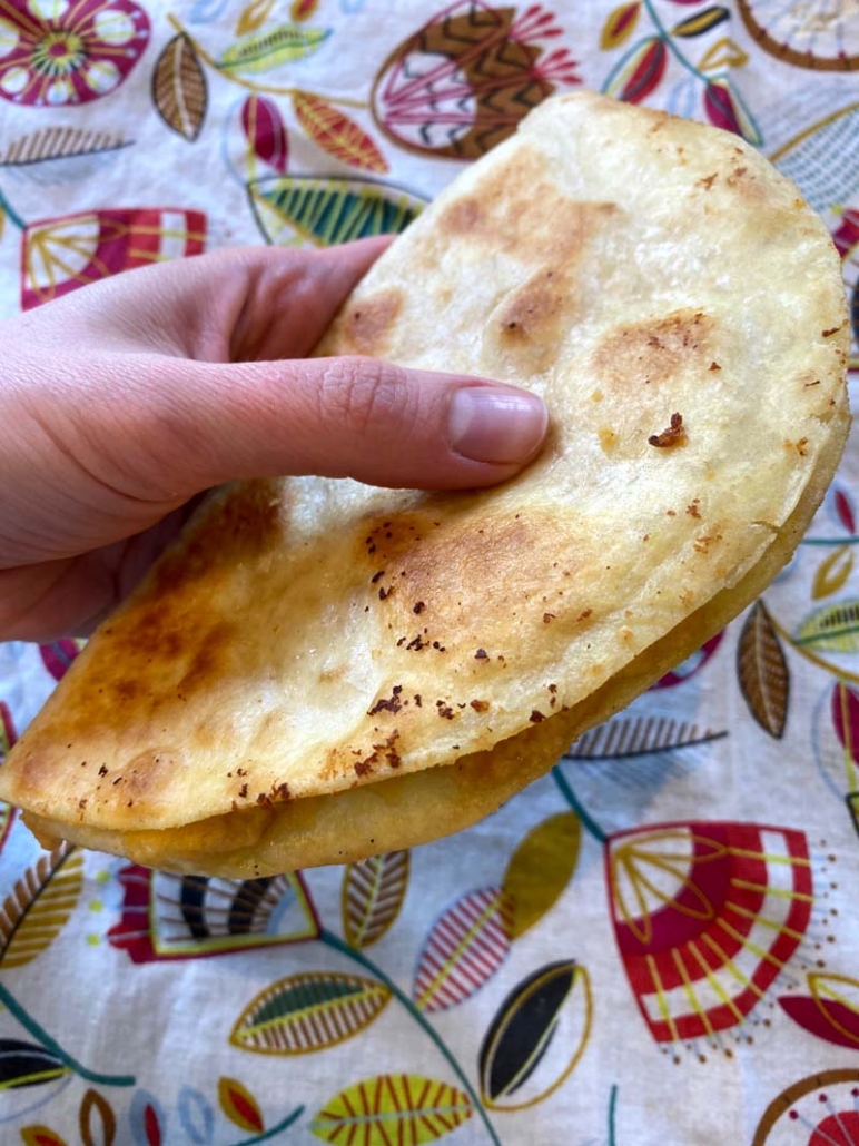 Holding a fried hummus quesadilla 