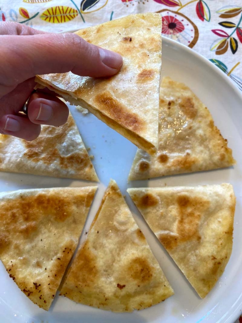 A hand holding a triangle slice of hummus quesadilla