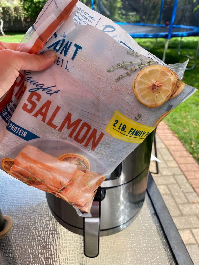 a bag of frozen salmon fillets