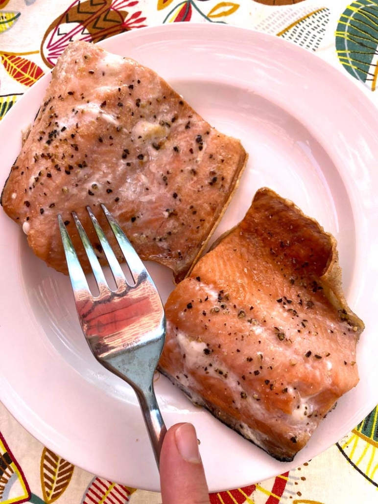 seasoned salmon on a white plate 