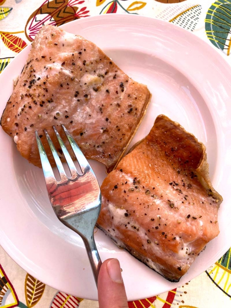 seasoned salmon on a white plate 