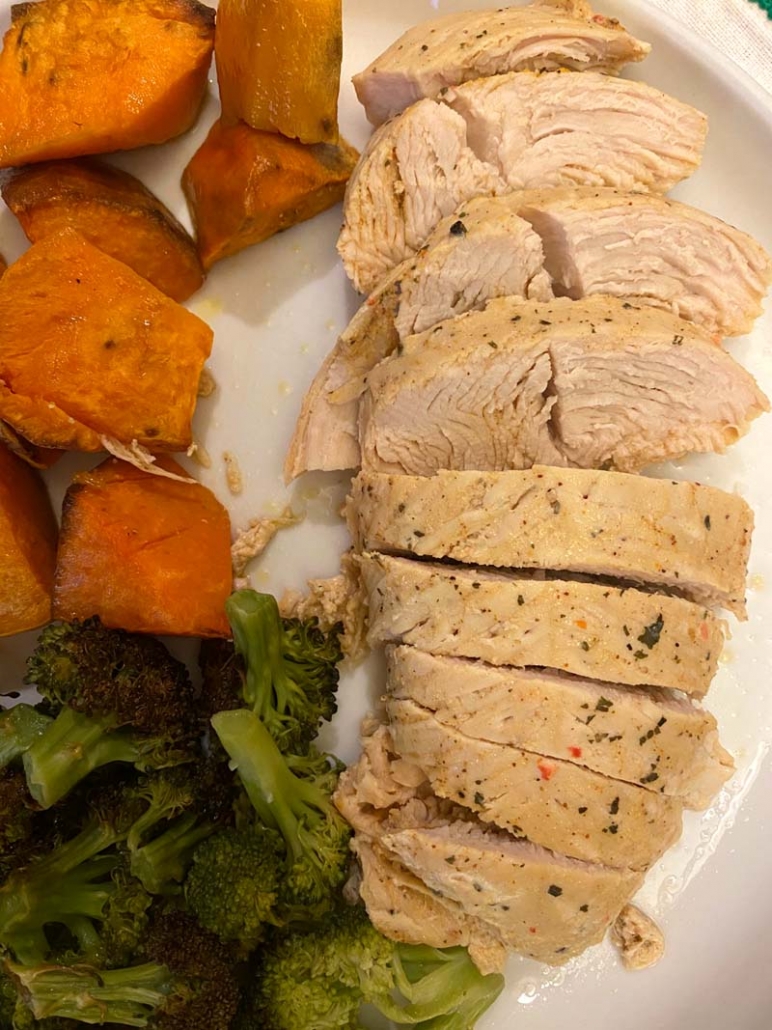 Sweet potatoes, broccoli, and turkey breast on a plate