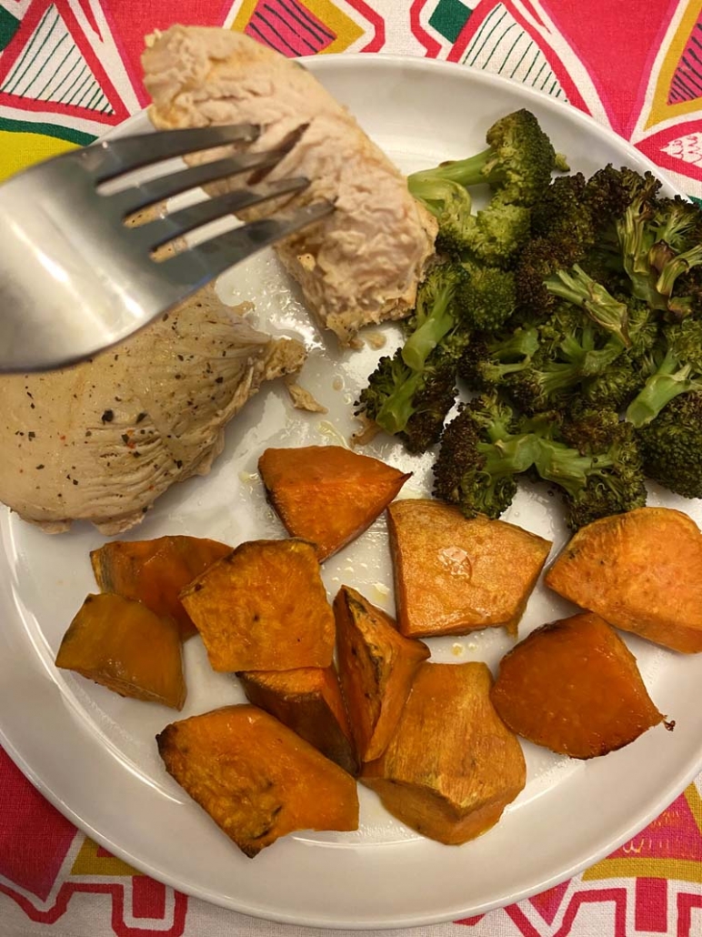 a fork holding the turkey breast meal