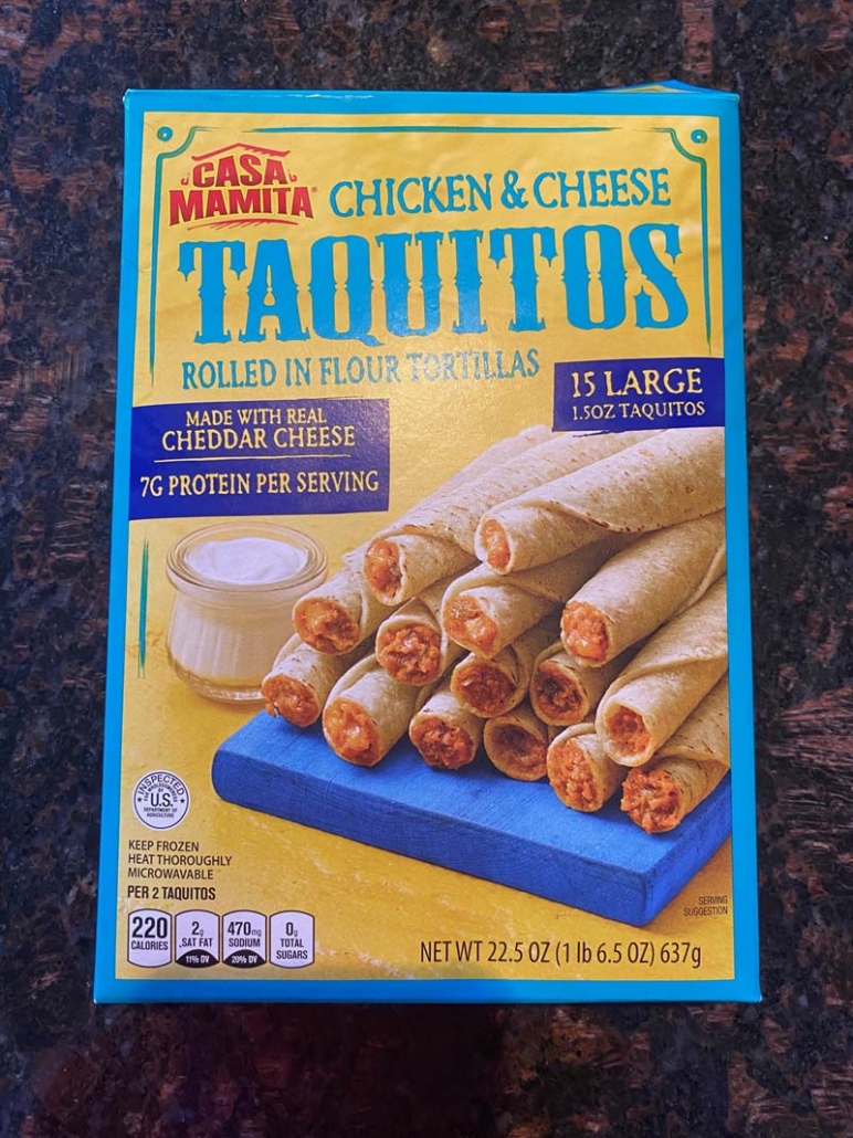 a box of frozen chicken and cheese taquitos