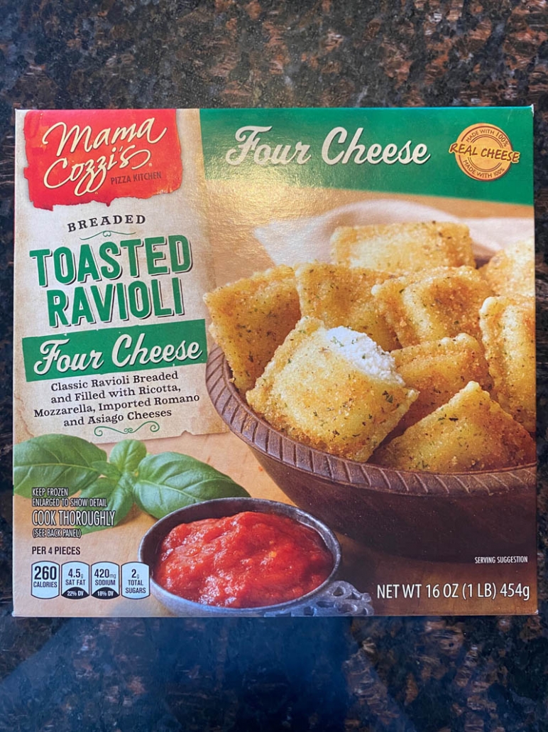 a box of frozen breaded ravioli with 4 cheeses