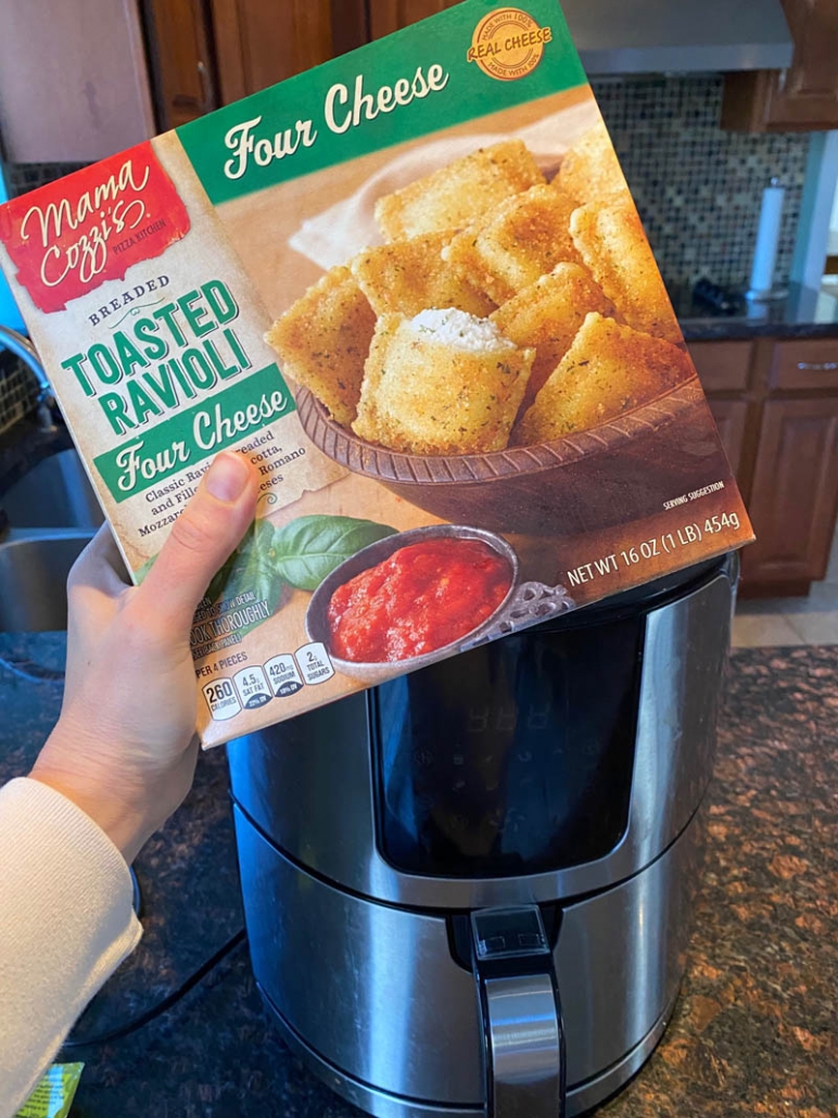 a box of four cheese ravioli and an air fryer 