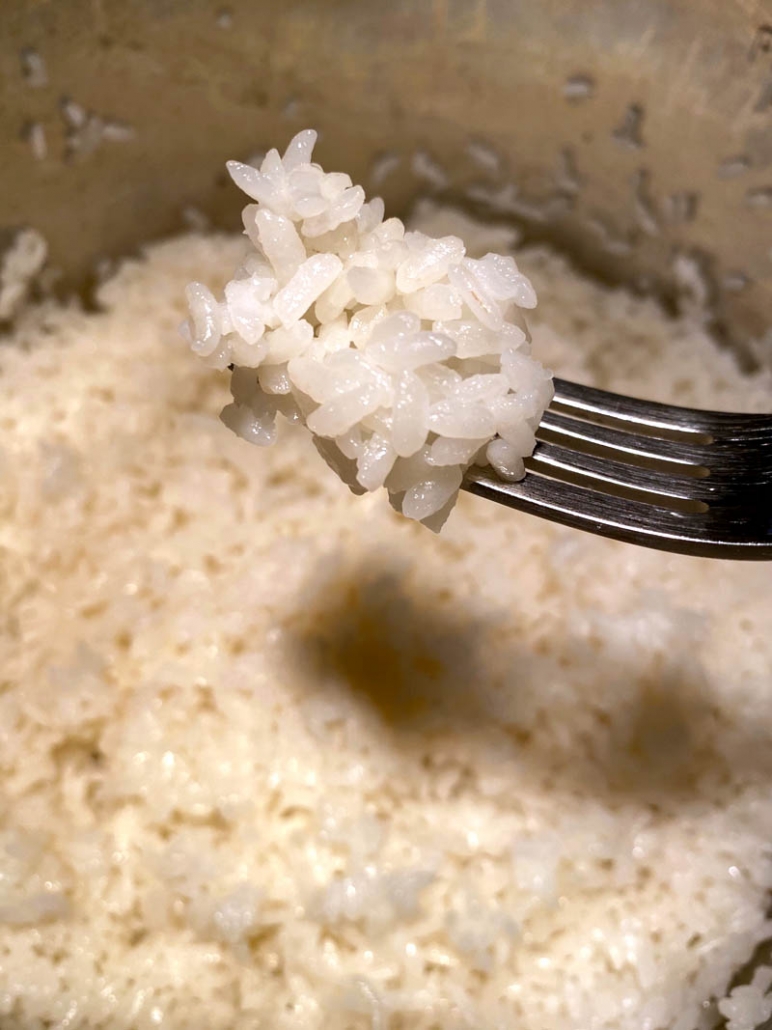 eating sticky rice with a fork 