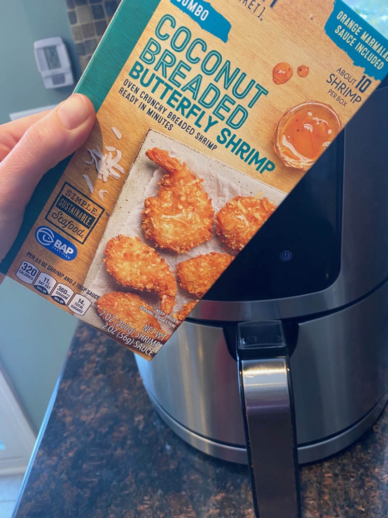 a box of frozen breaded coconut shrimp 