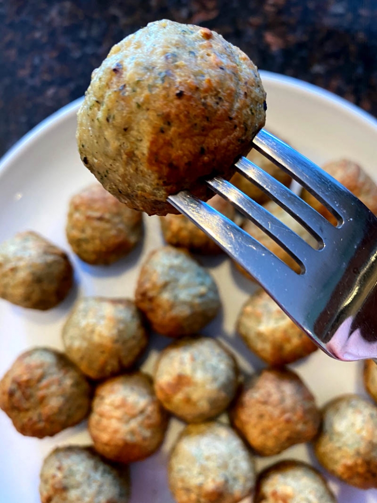air fried meatball on a fork